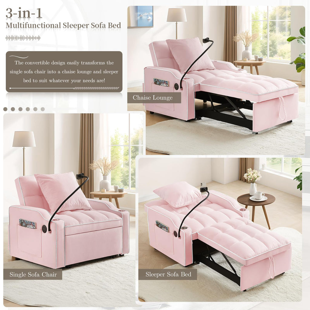 Pink Velvet Convertible Sleeper Chair Bed J94391
