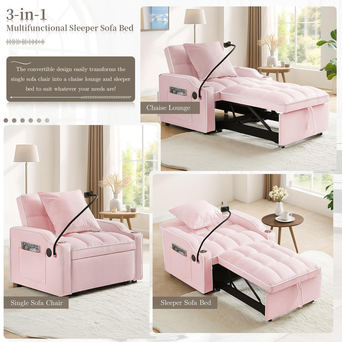 Pink Velvet Convertible Sleeper Chair Bed J94391