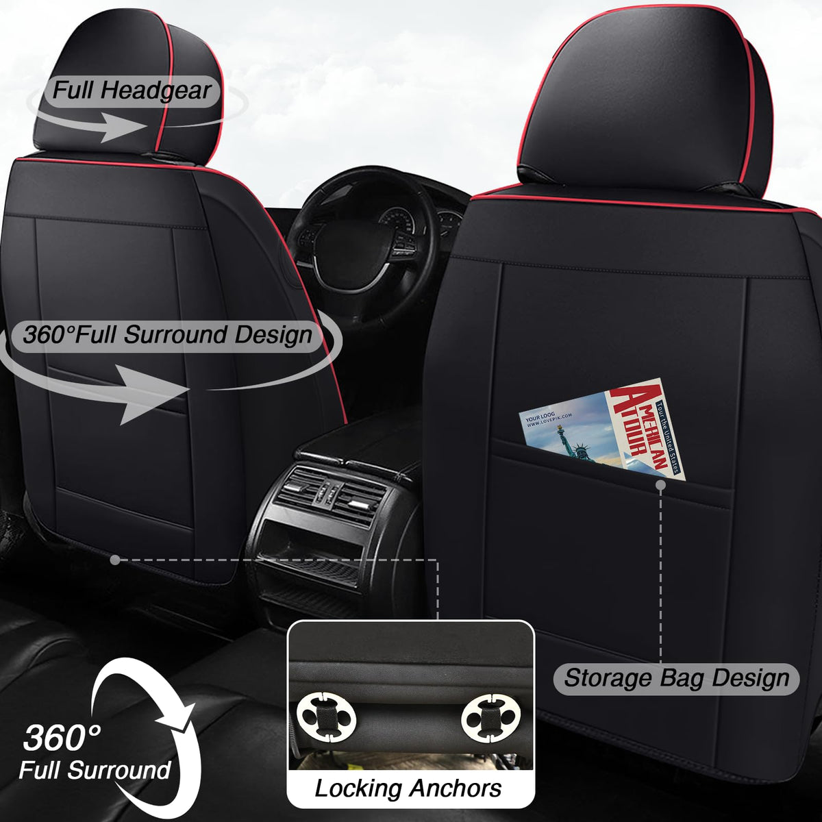 Black-Red Leather Car Seat Covers Full Set G148