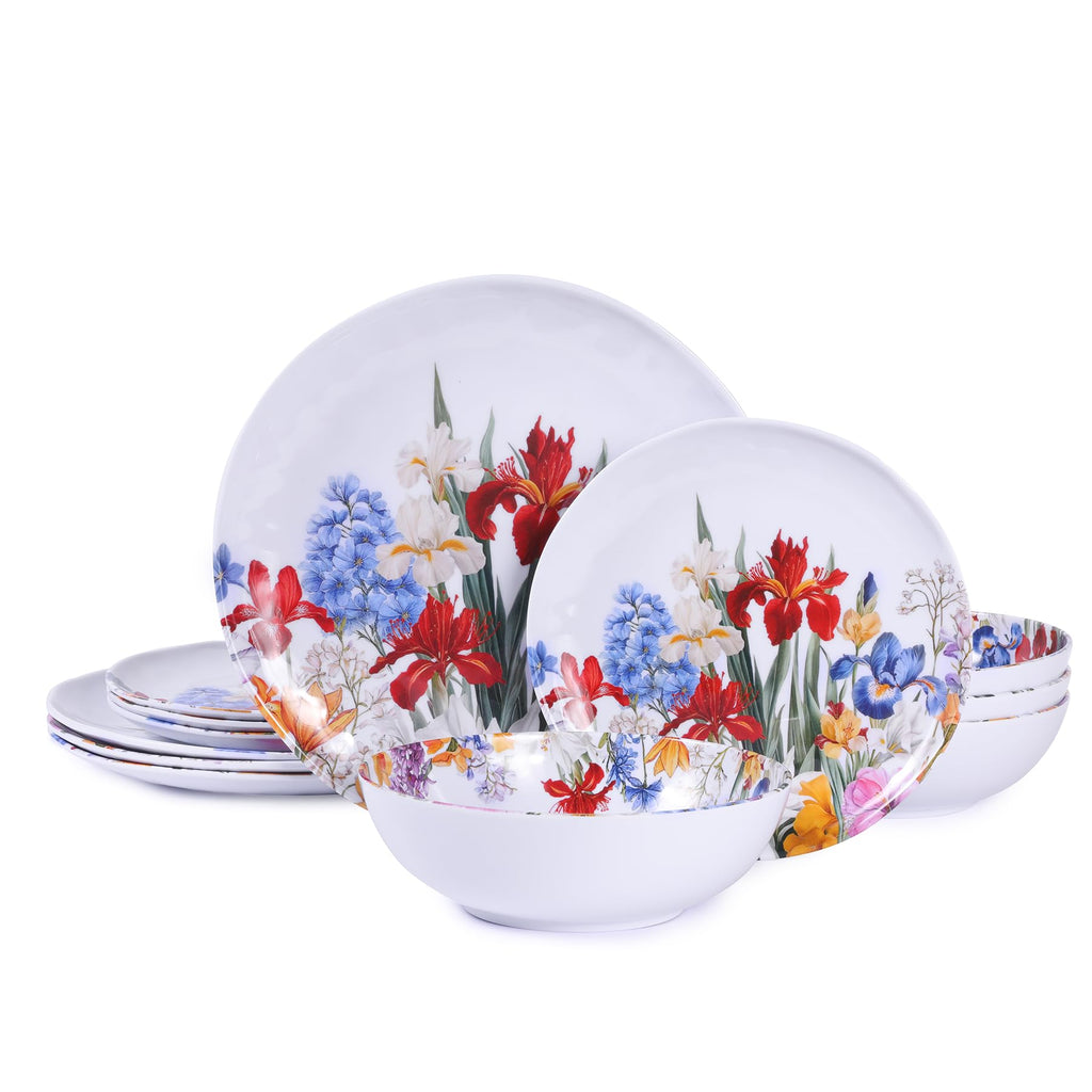 Melamine Dinnerware Set for 4, 12 Piece Plates and Bowls S1780