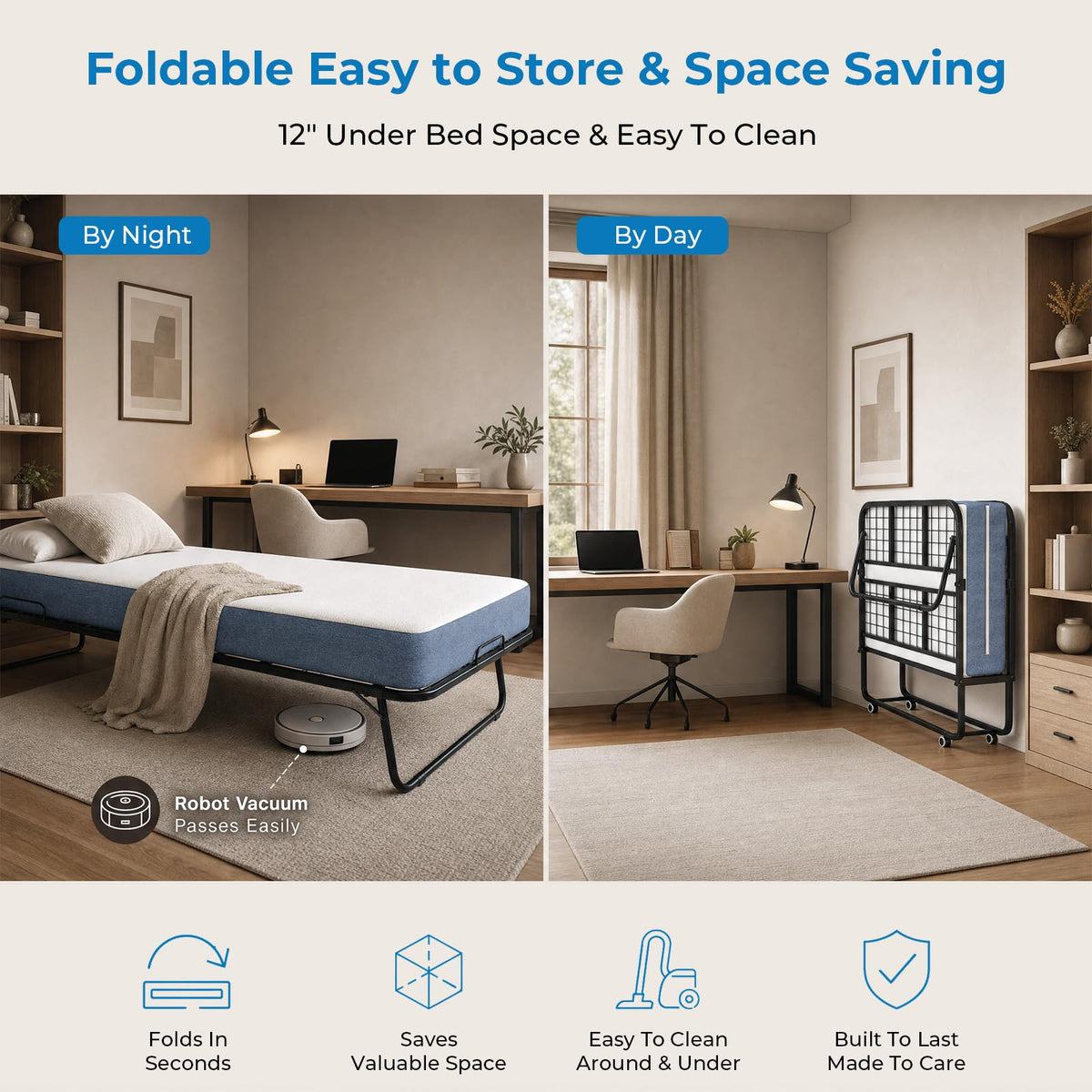 Folding Bed with 5" Foam Mattress Queen Size Metal Frame Z245619