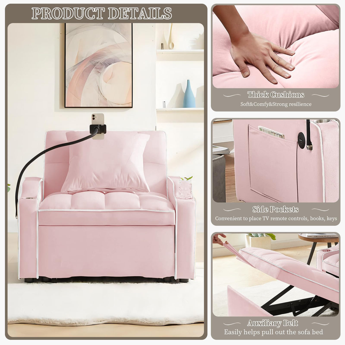 Pink Velvet Convertible Sleeper Chair Bed J94391