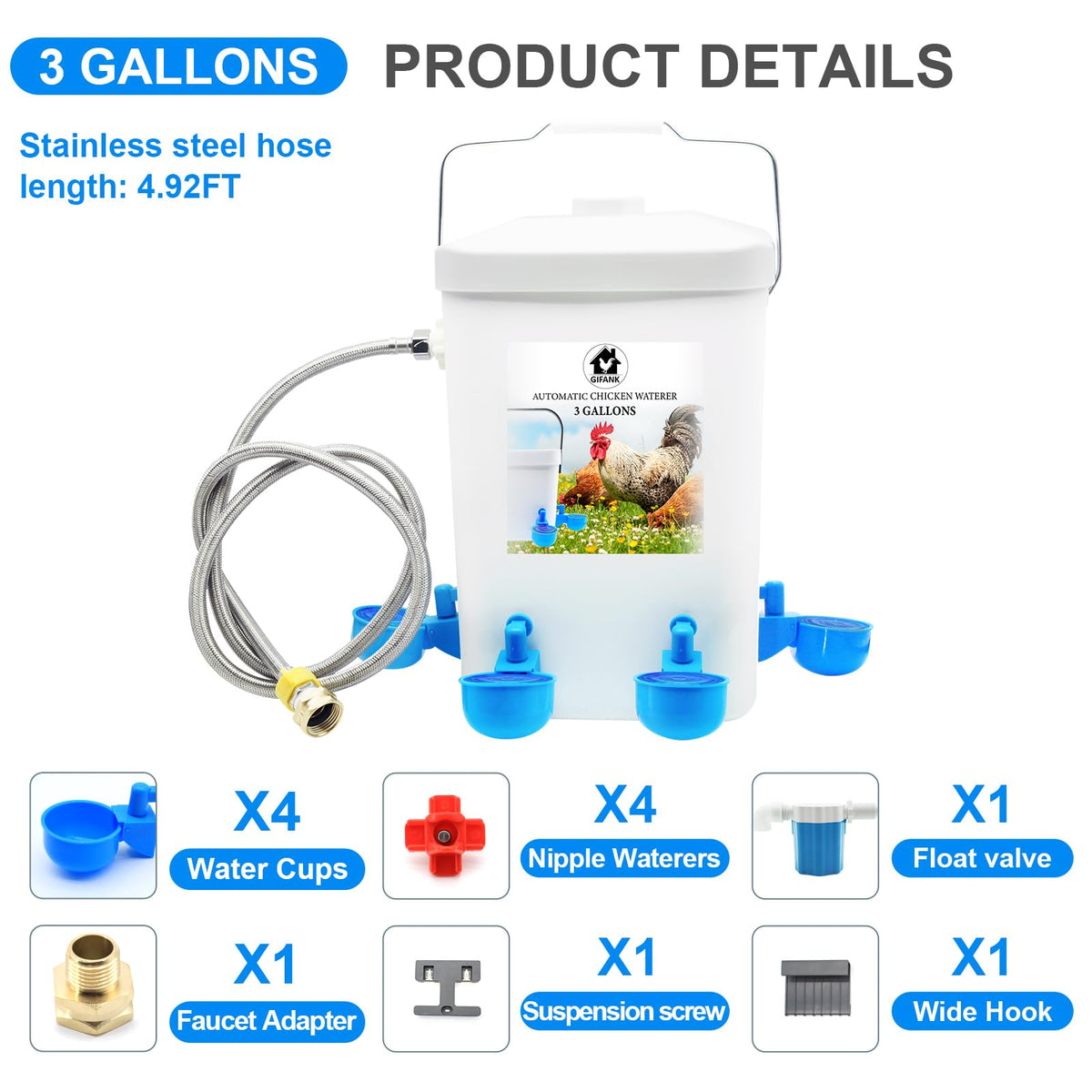 3 Gallons Automatic Poultry Waterer with Hose Attachment D586