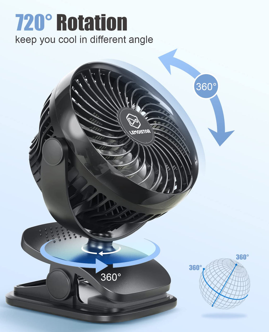 Battery Operated Clip on Fan, USB Powered Portable Desk Fan 4 Speeds V369066
