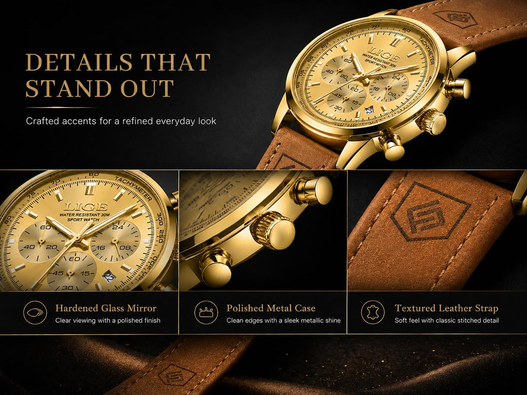 Gold-Tone Quartz Chronograph Watch Brown Leather Strap E9679