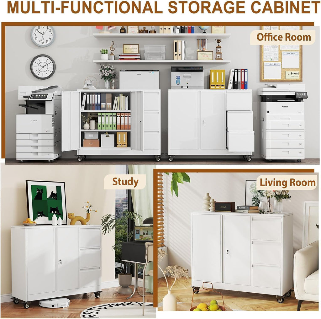 47" H 3 Drawer White Rolling Metal File Cabinet B55834