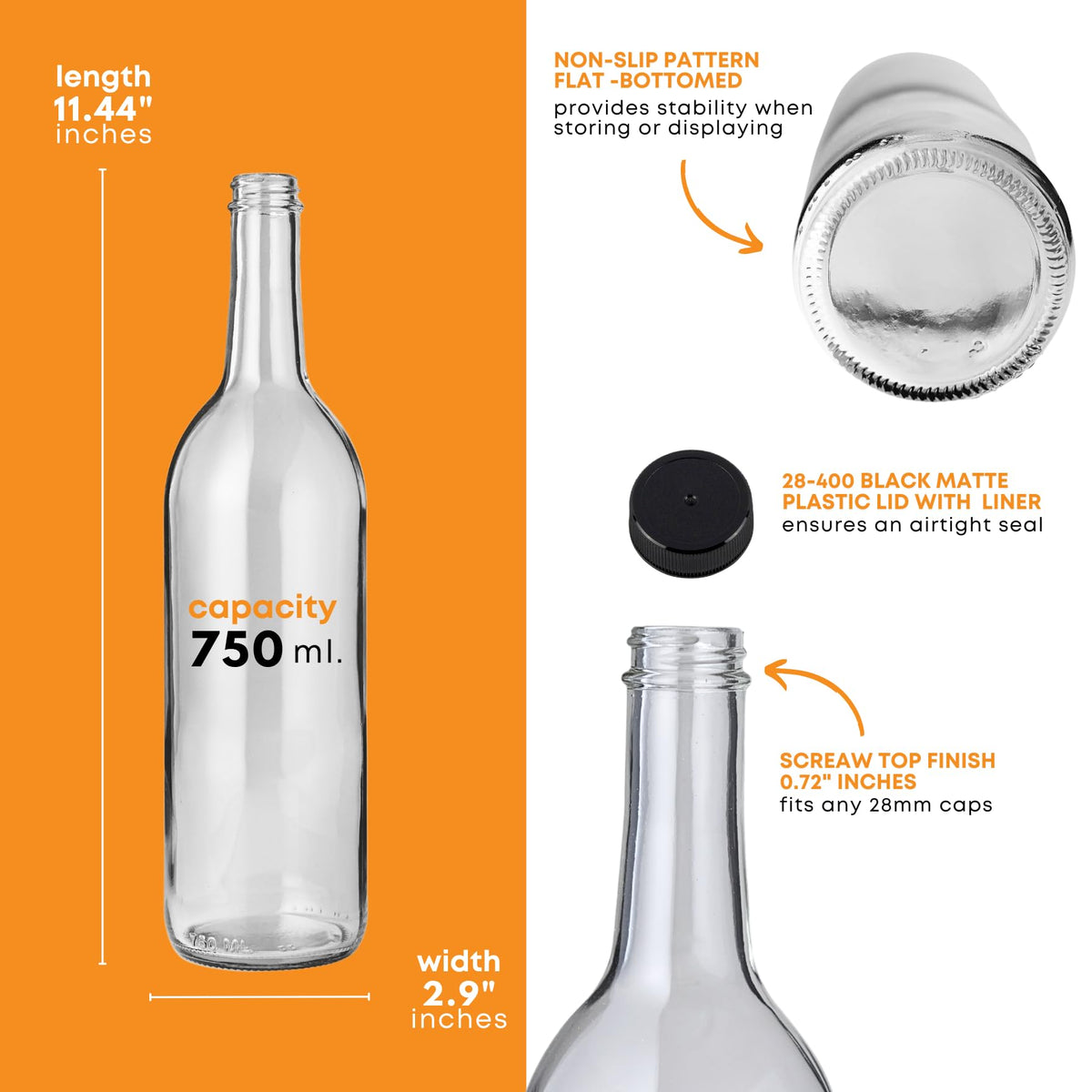 750ml Clear Glass Bottles with Lids, 48-Pack B615138