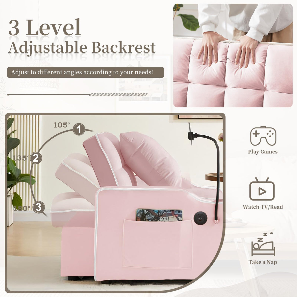 Pink Velvet Convertible Sleeper Chair Bed J94391