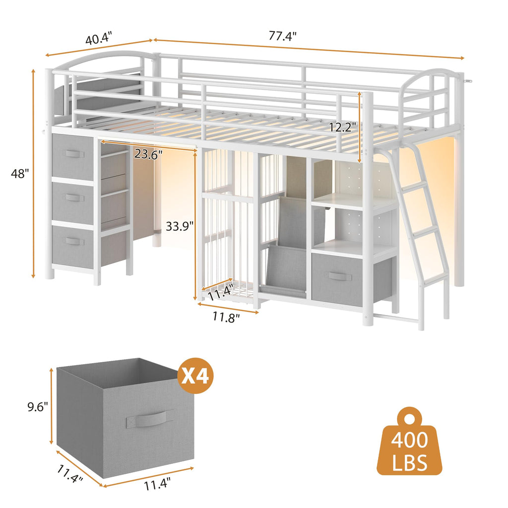 Twin Low Loft Bed with Storage Drawers and LED Lights S625