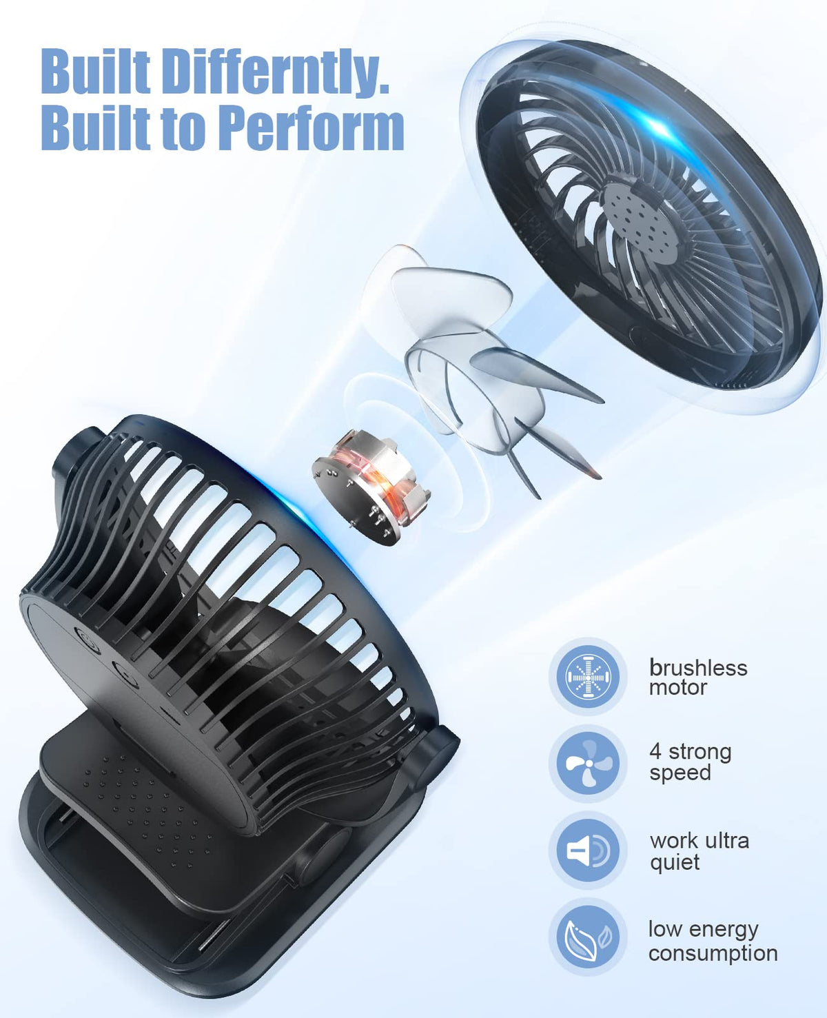 Battery Operated Clip on Fan, USB Powered Portable Desk Fan 4 Speeds V369066