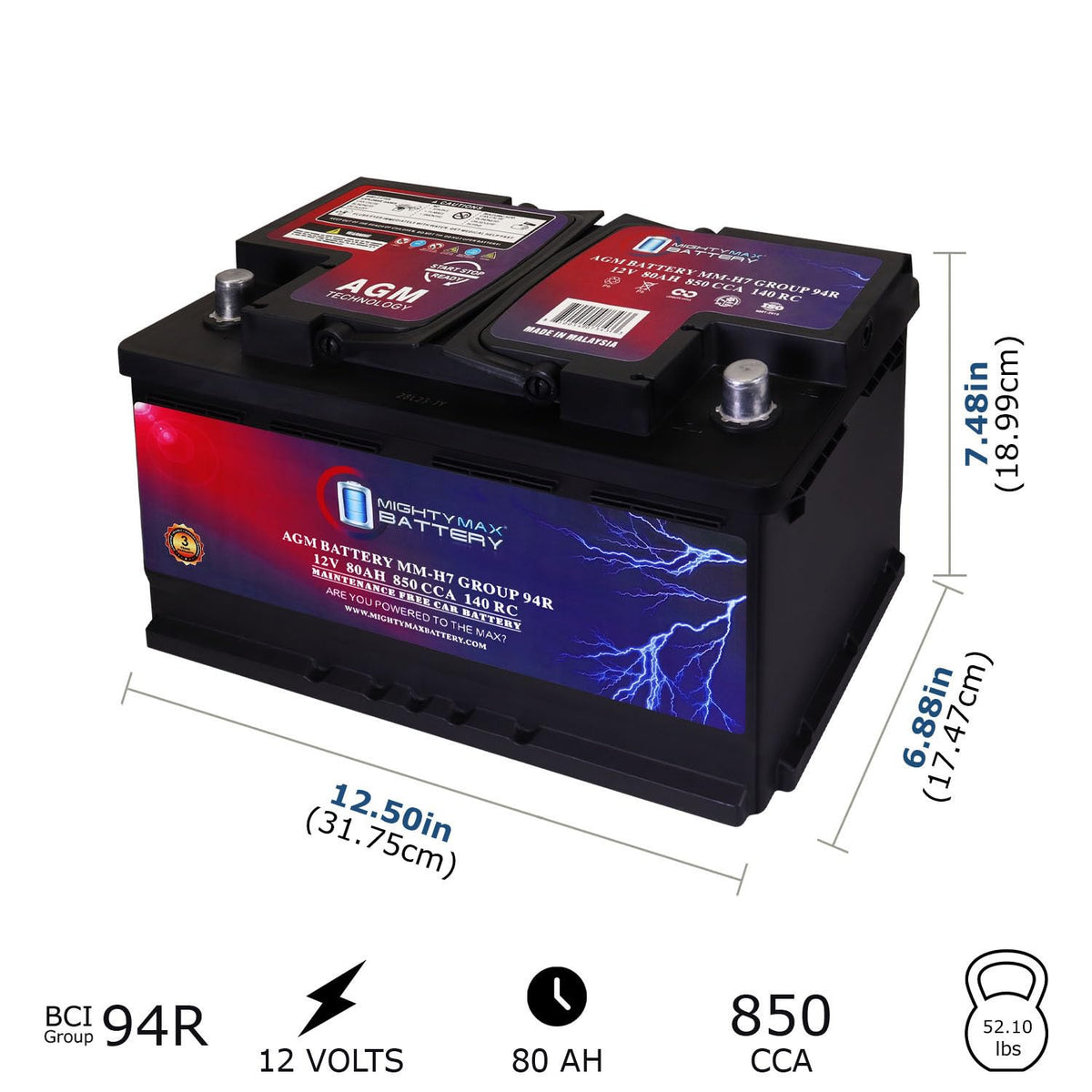 12V 80AH 850 CCA Replacement Battery M371