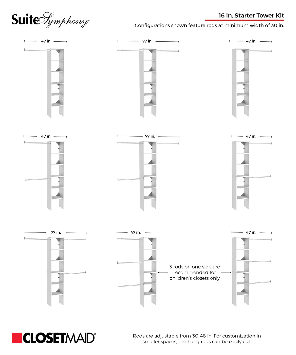 Small Closet Organizer Starter Kit with Tower and 3 Hang Rods, Pure White M3492