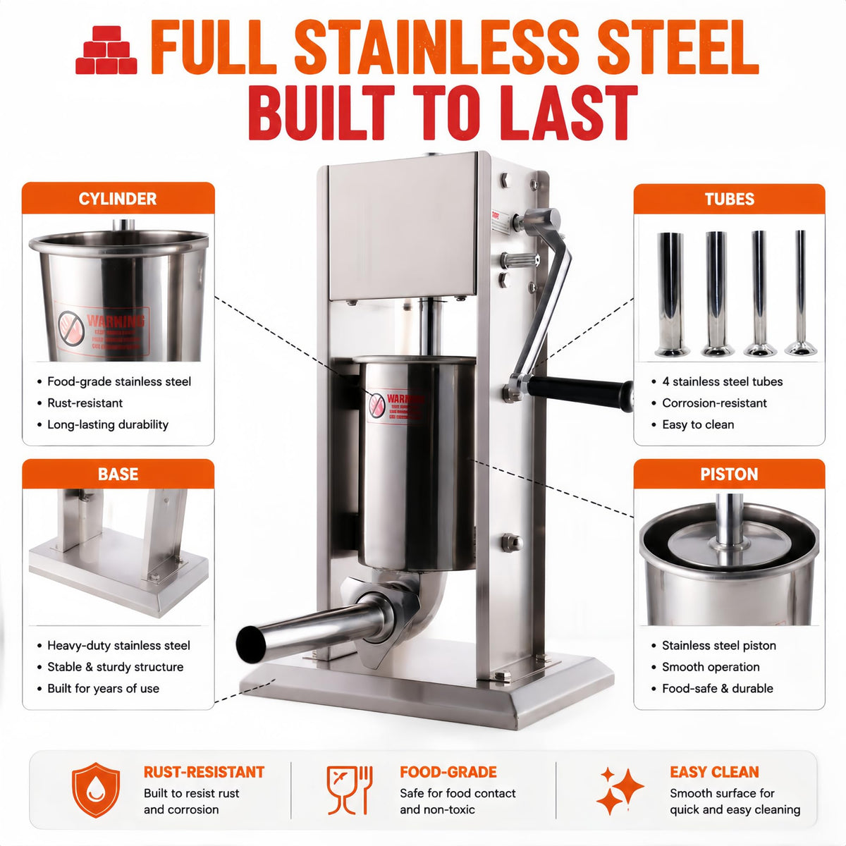 3L Stainless Steel Manual Sausage Stuffer with 4 Tubes P2343