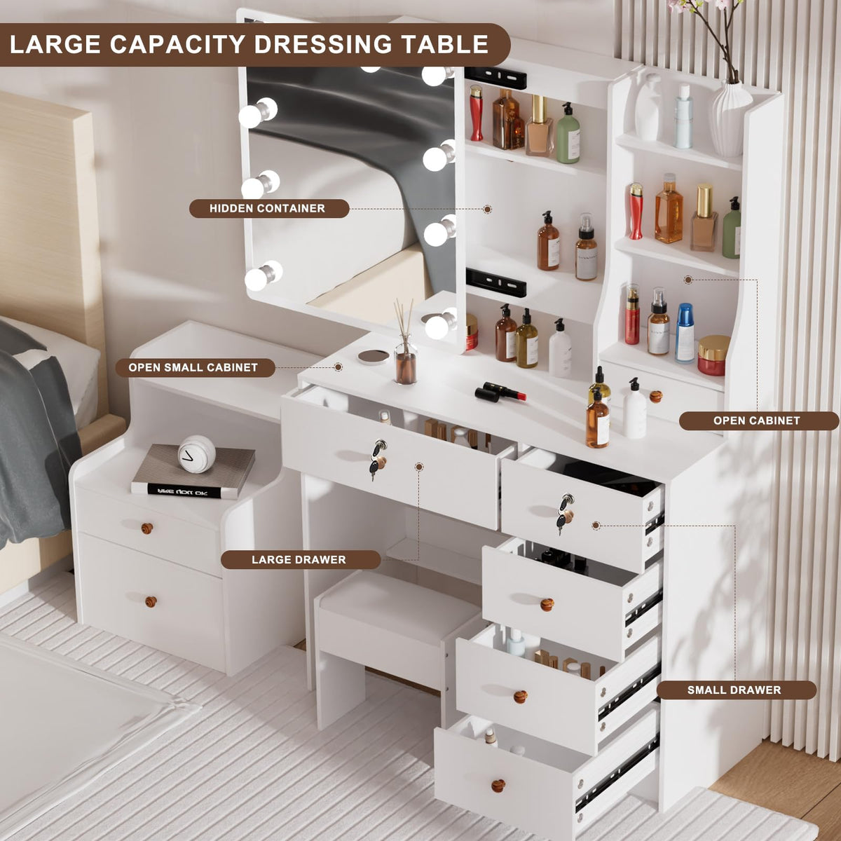 White Vanity Mirror with Lights Desk and Chair 5 Drawers Makeup Table O161108