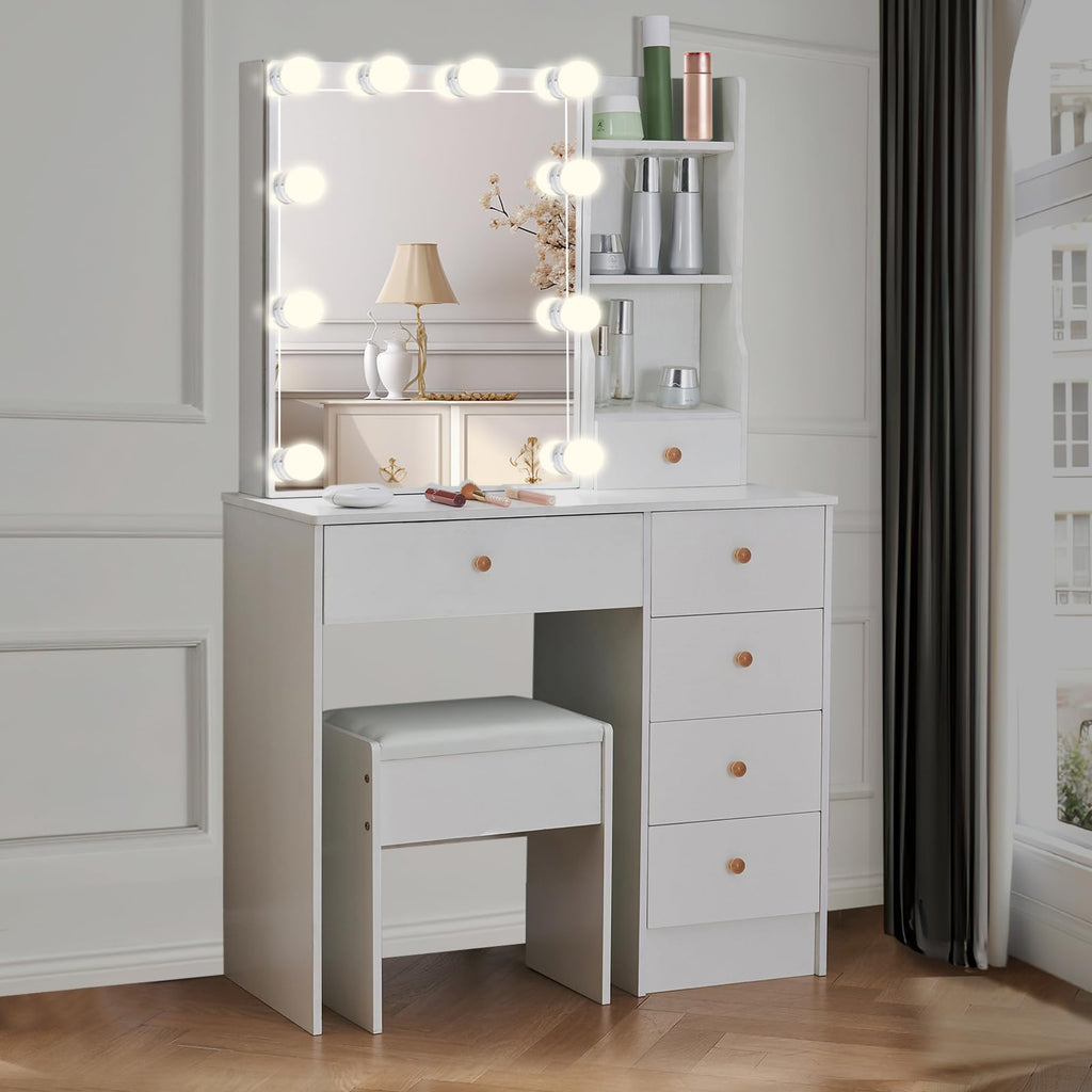 White Vanity Mirror with Lights Desk and Chair 5 Drawers Makeup Table O161108