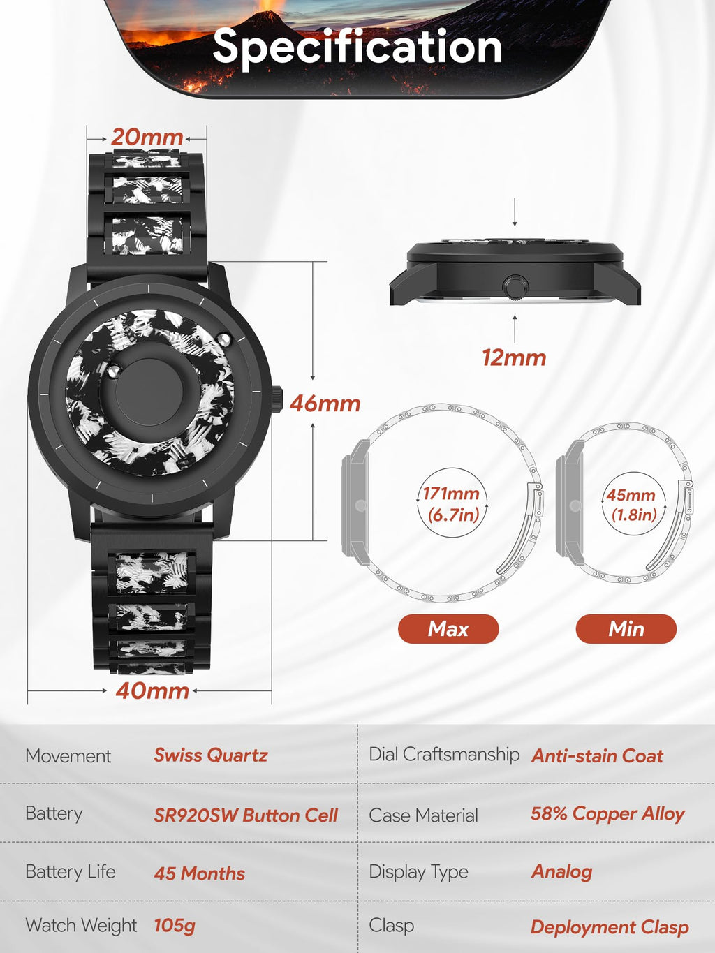 Magnetic Quartz Watch with Stainless Steel Band L878