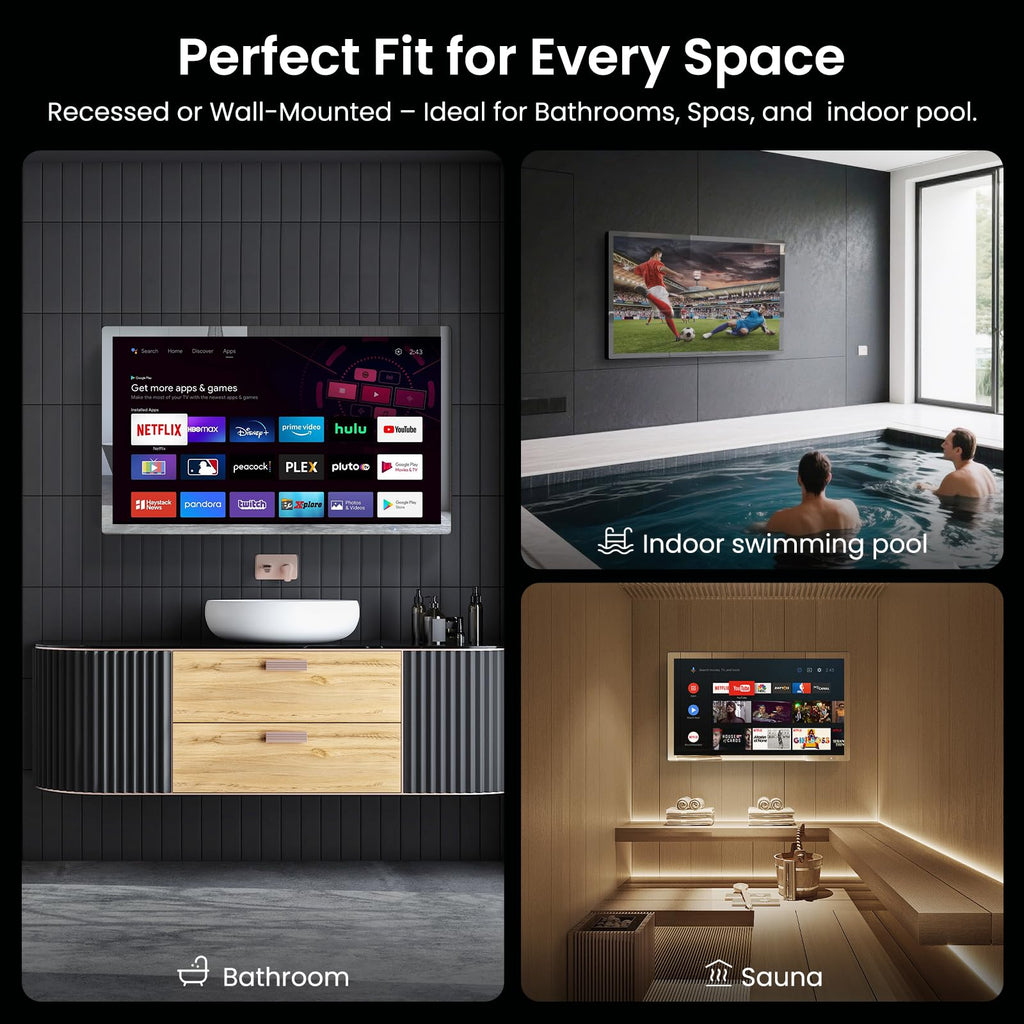 32" 4K Ultra HD Smart Bathroom Mirror TV, IP66 Waterproof, Wall Mounted Y7270