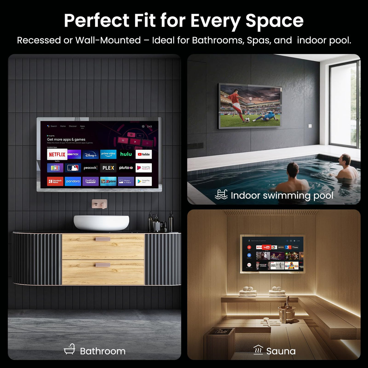 32" 4K Ultra HD Smart Bathroom Mirror TV, IP66 Waterproof, Wall Mounted Y7270