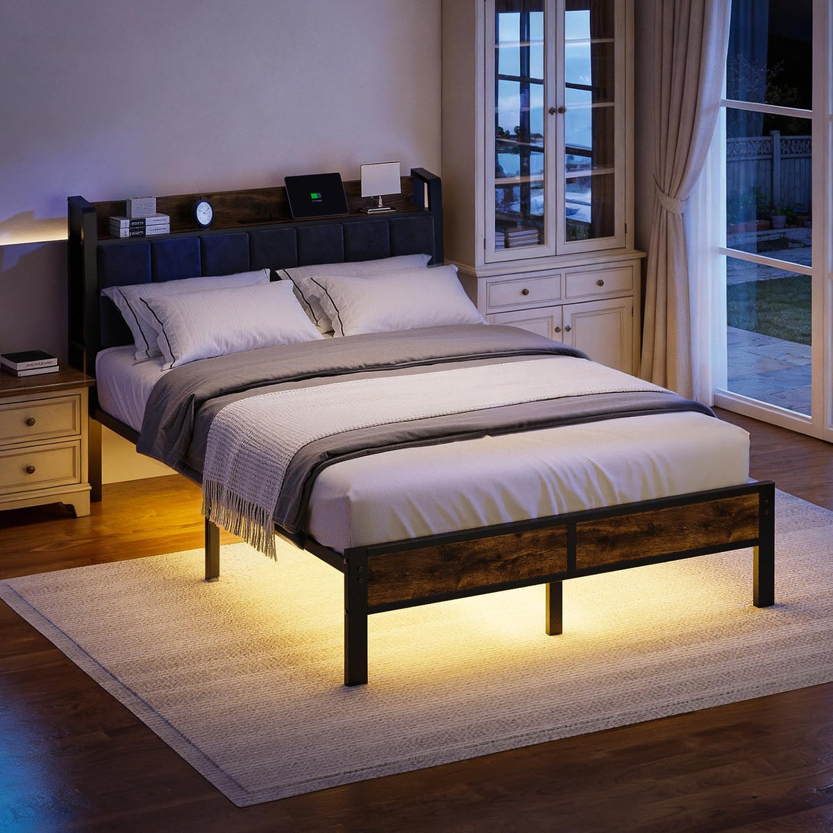 Full Size Bed Frame with LED Light and Charging Station V620