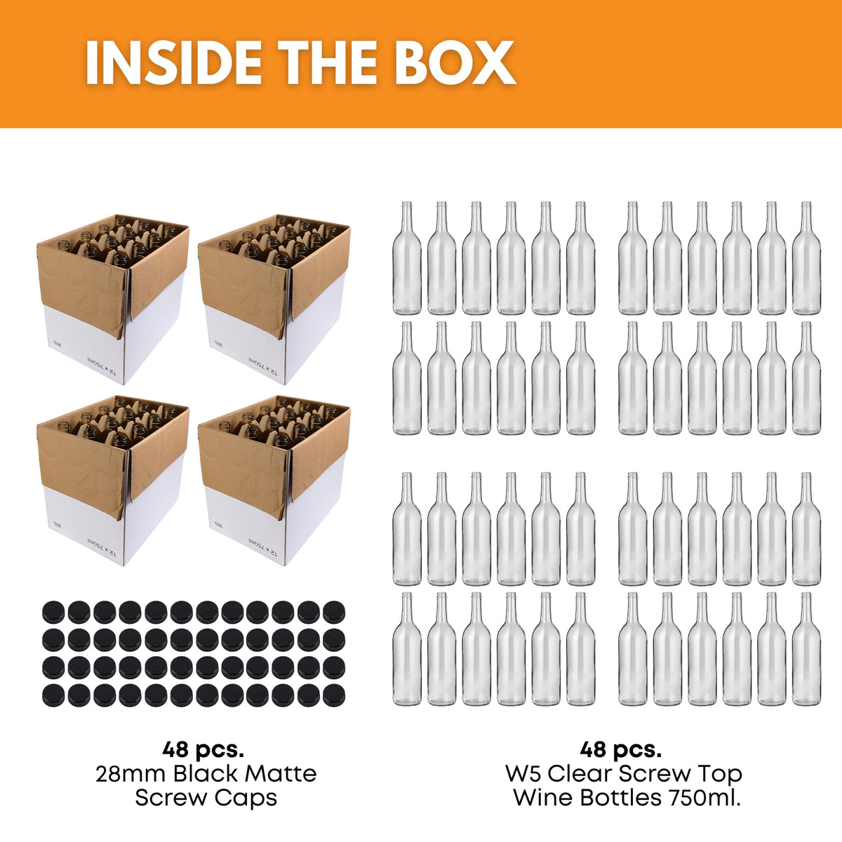 750ml Clear Glass Bottles with Lids, 48-Pack B615138