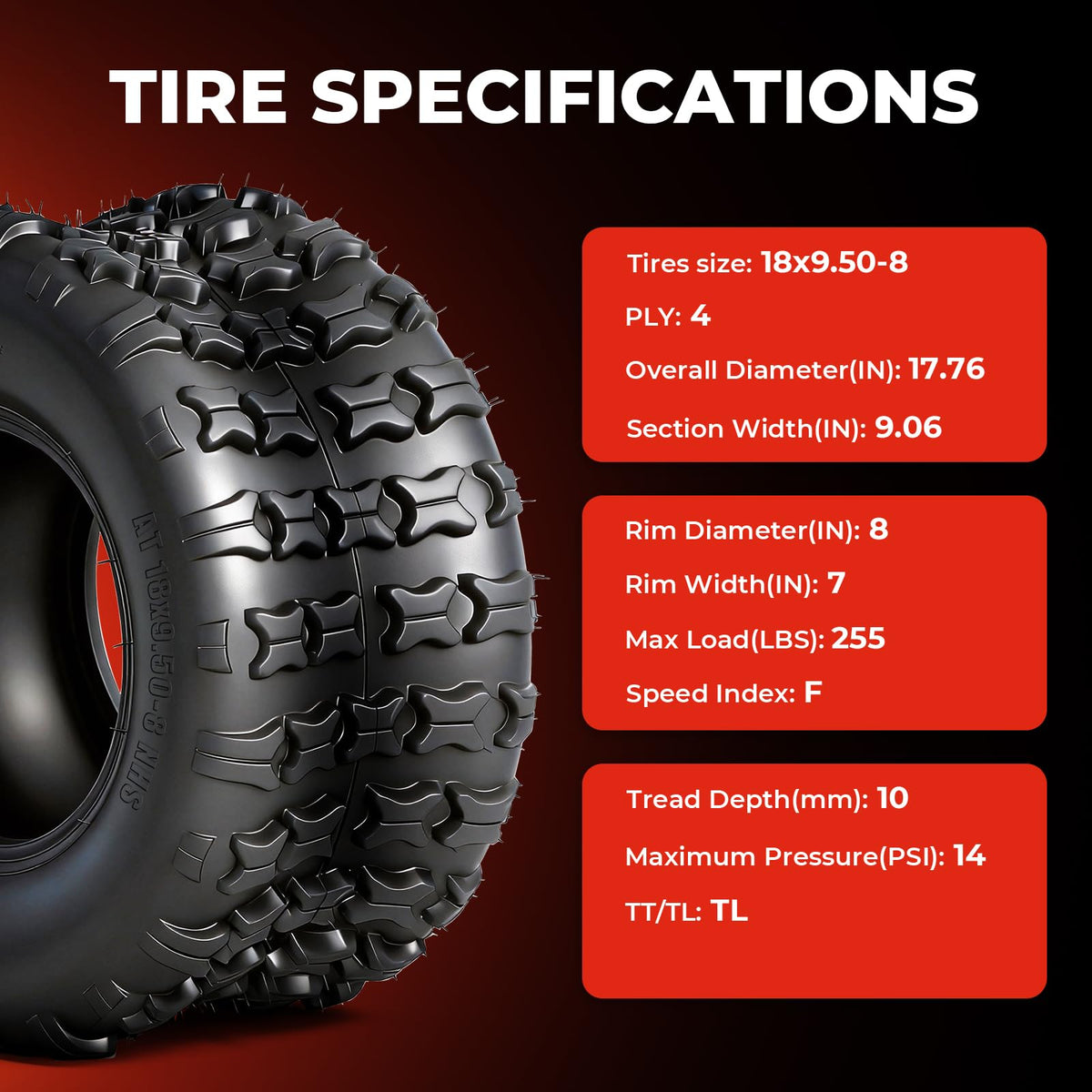 Set of 2 18x9.5-8 Tubeless All-Terrain Tires W22956
