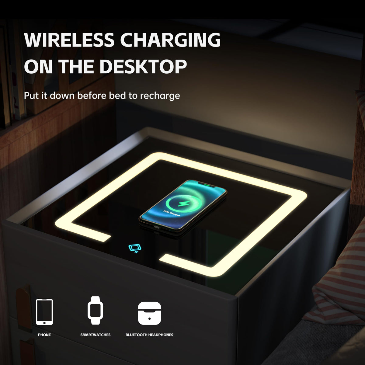Wireless Charging Nightstand with Drawer and 3 LED Light Z1131