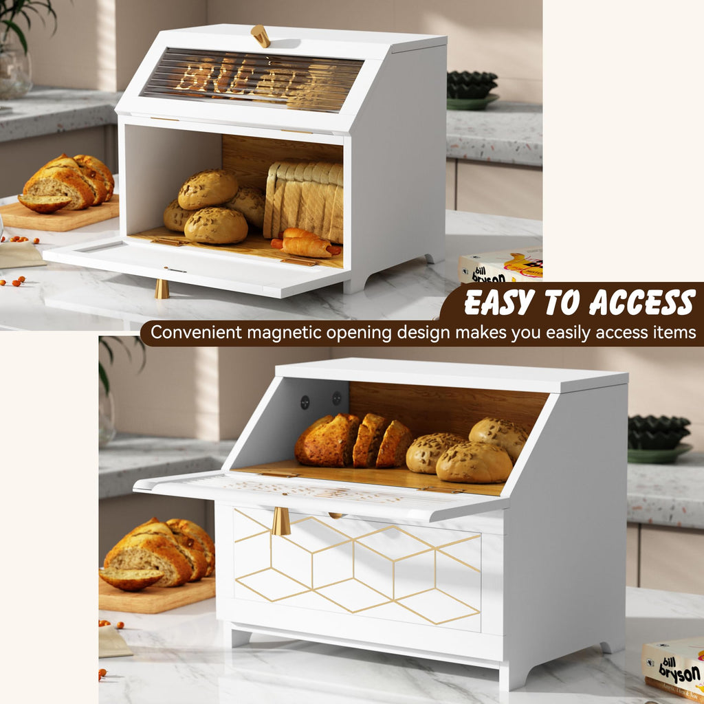 Double Layer Wooden Bread Box with Golden Trim V1353
