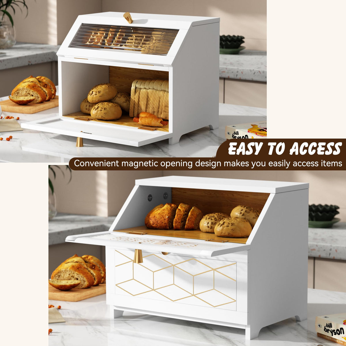 Double Layer Wooden Bread Box with Golden Trim V1353