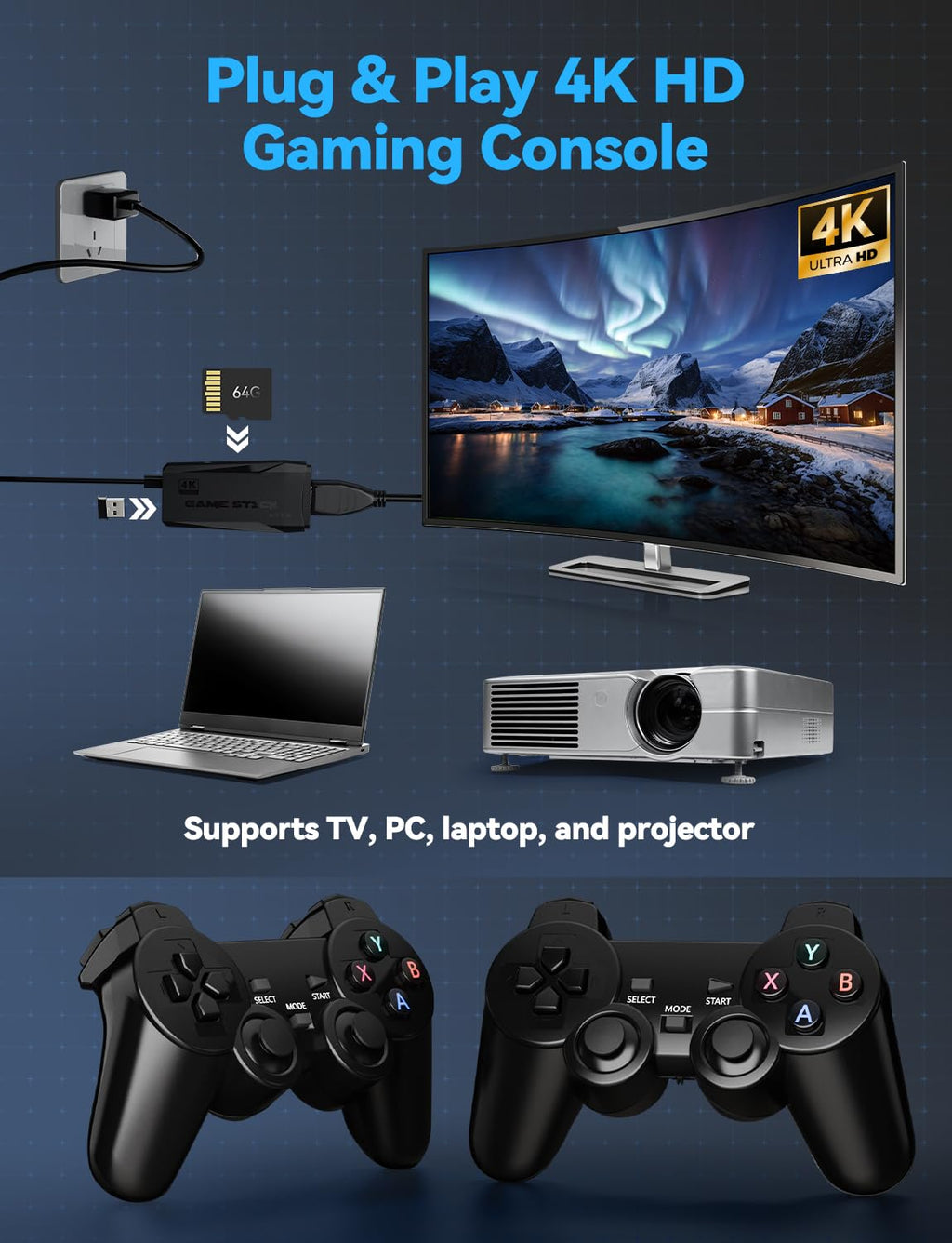 Black 4K Retro Gaming Console with 2.4G Wireless Controllers O412