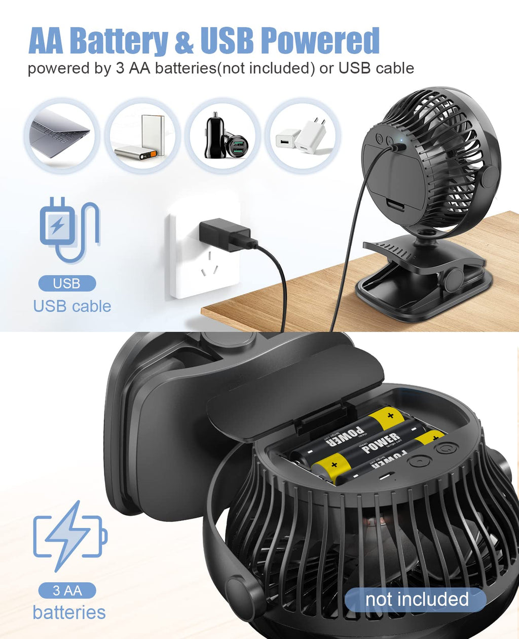 Battery Operated Clip on Fan, USB Powered Portable Desk Fan 4 Speeds V369066