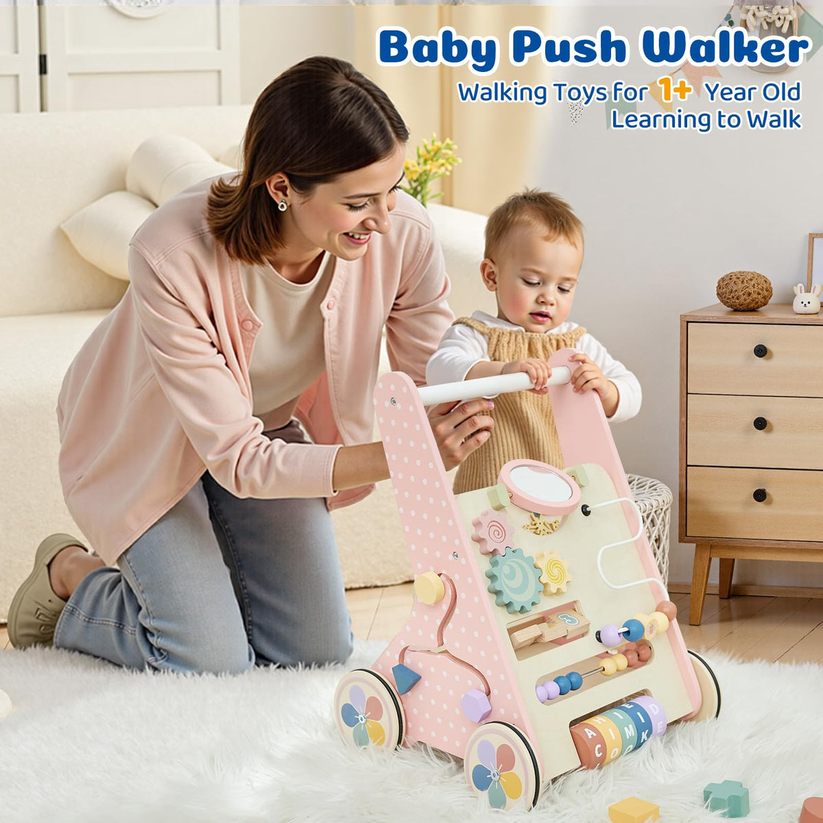 Pink Wooden Baby Walker X436461