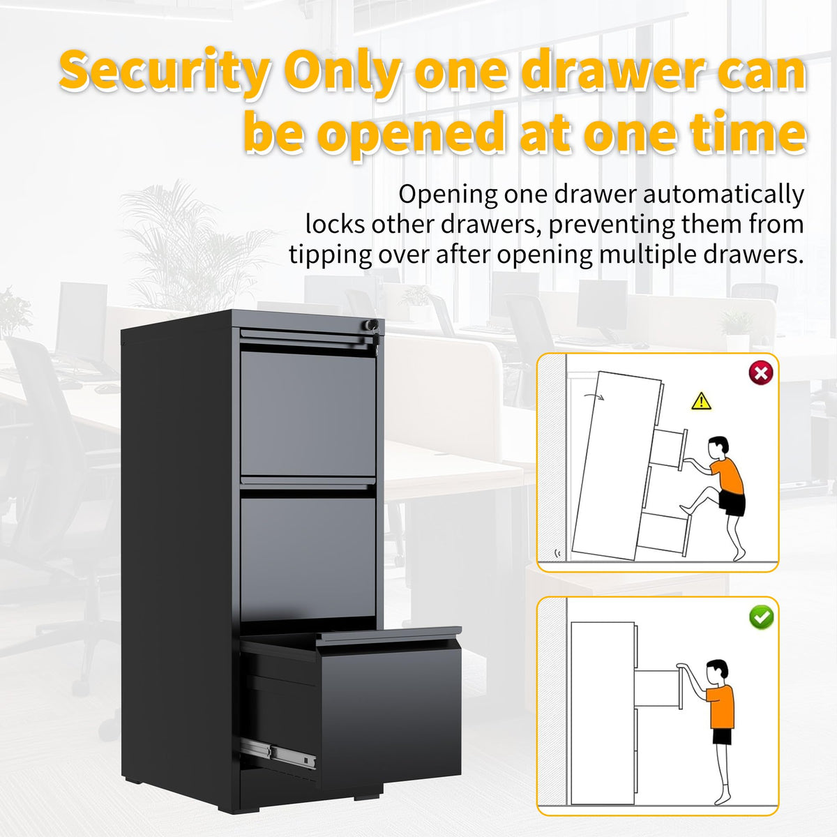 3 Drawer Black Metal File Cabinet with Lock W141