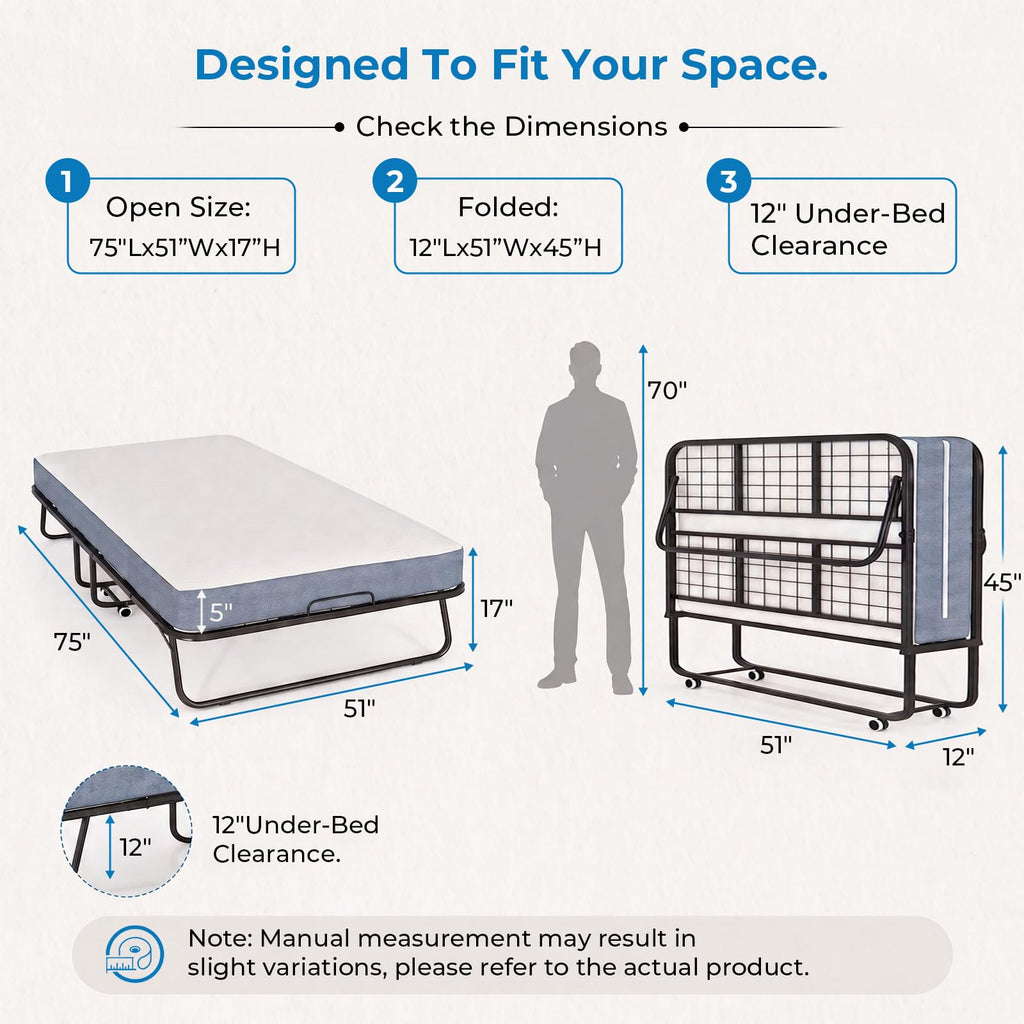 Folding Bed with 5" Foam Mattress Queen Size Metal Frame Z245619
