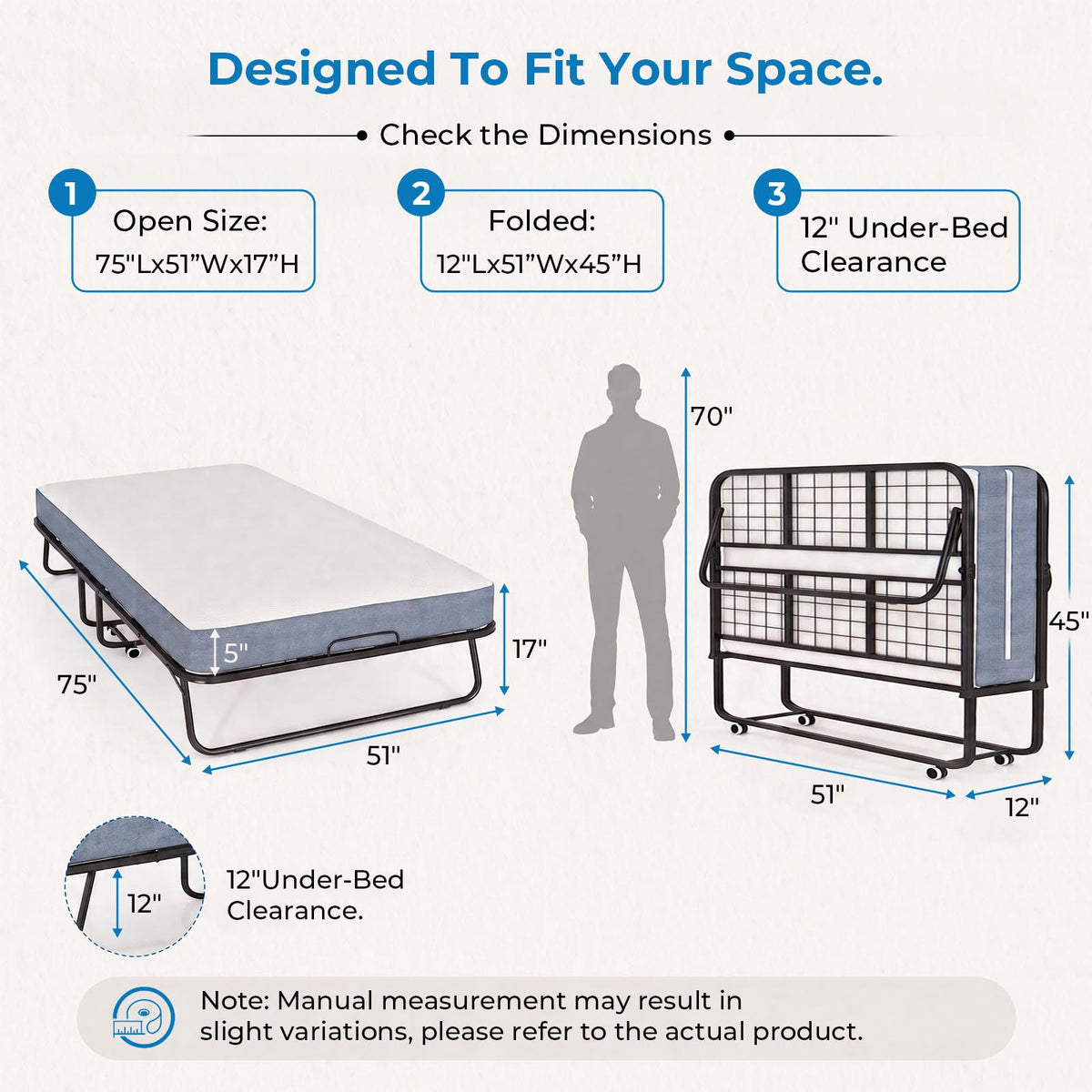 Folding Bed with 5" Foam Mattress Queen Size Metal Frame Z245619
