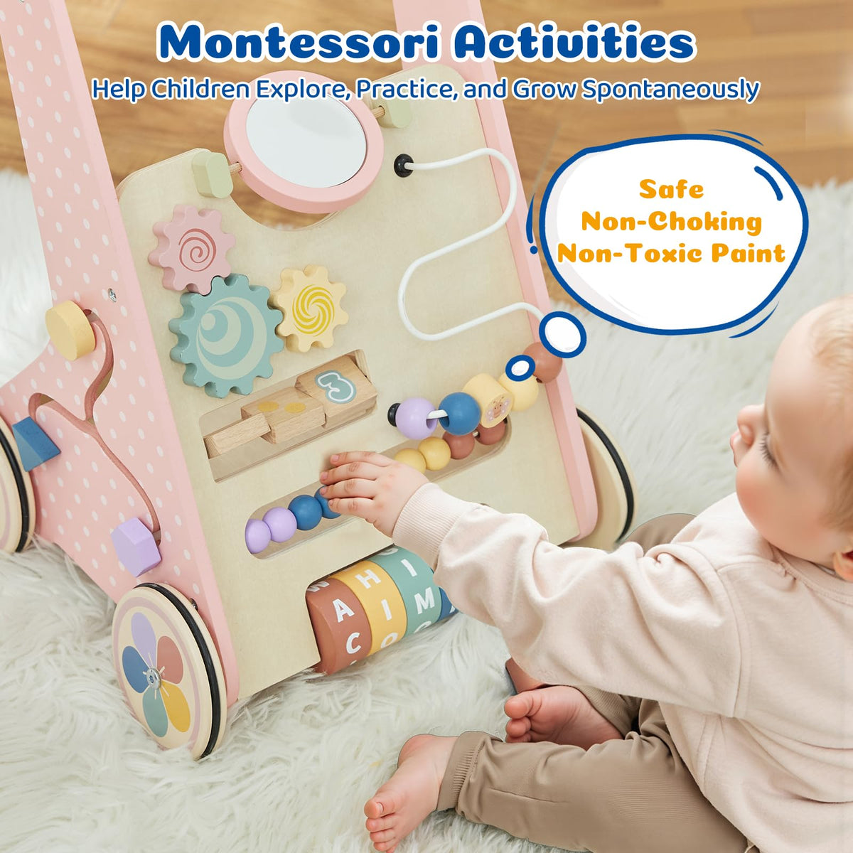 Pink Wooden Baby Walker X436461