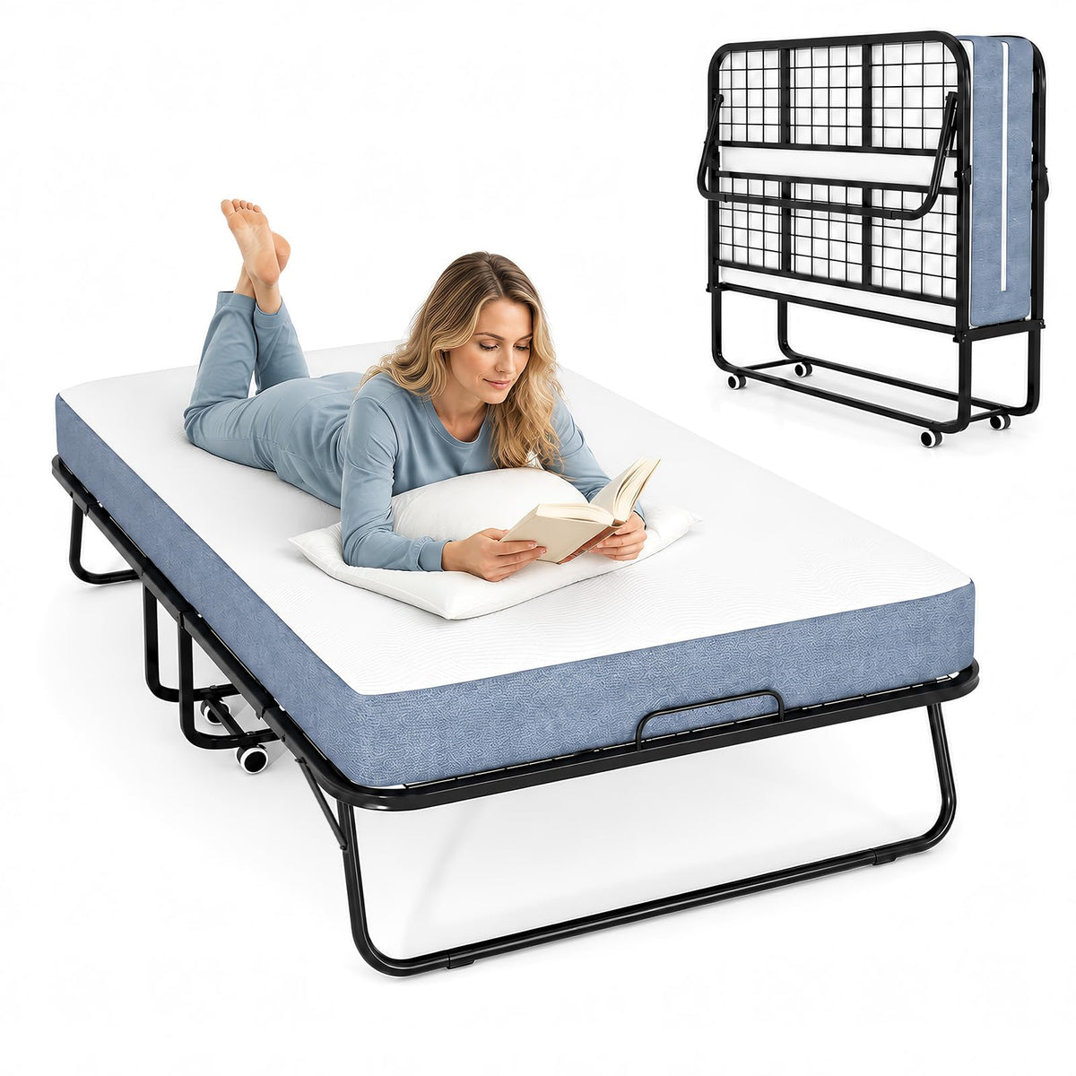 Folding Bed with 5" Foam Mattress Queen Size Metal Frame Z245619