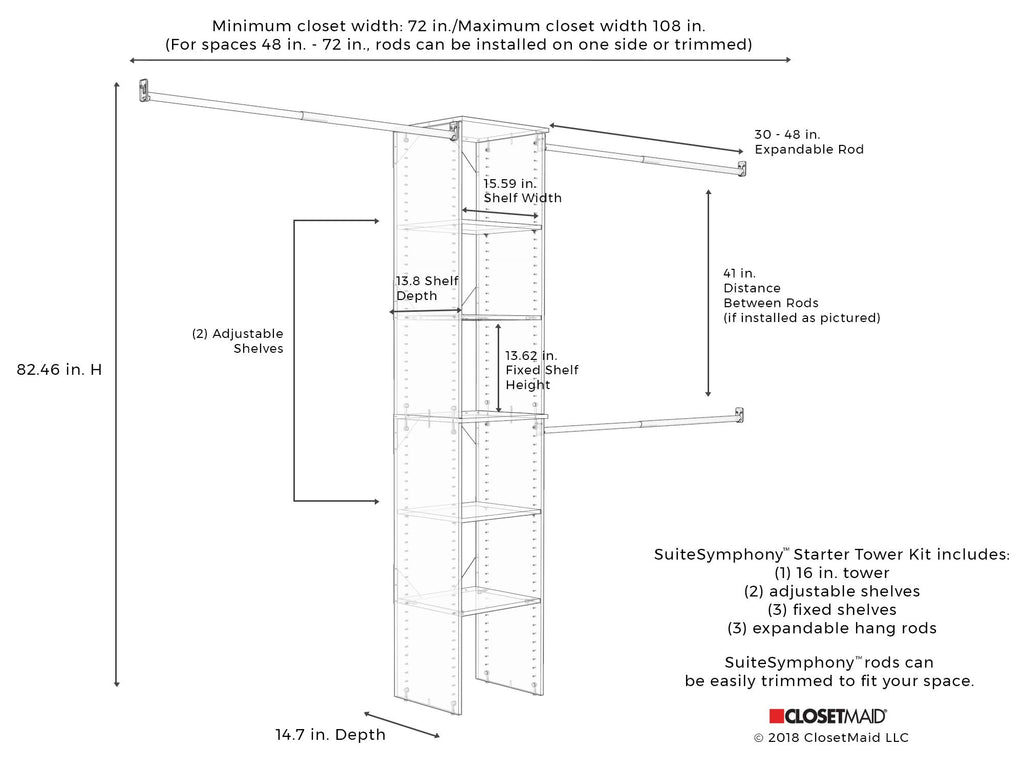 Small Closet Organizer Starter Kit with Tower and 3 Hang Rods, Pure White M3492