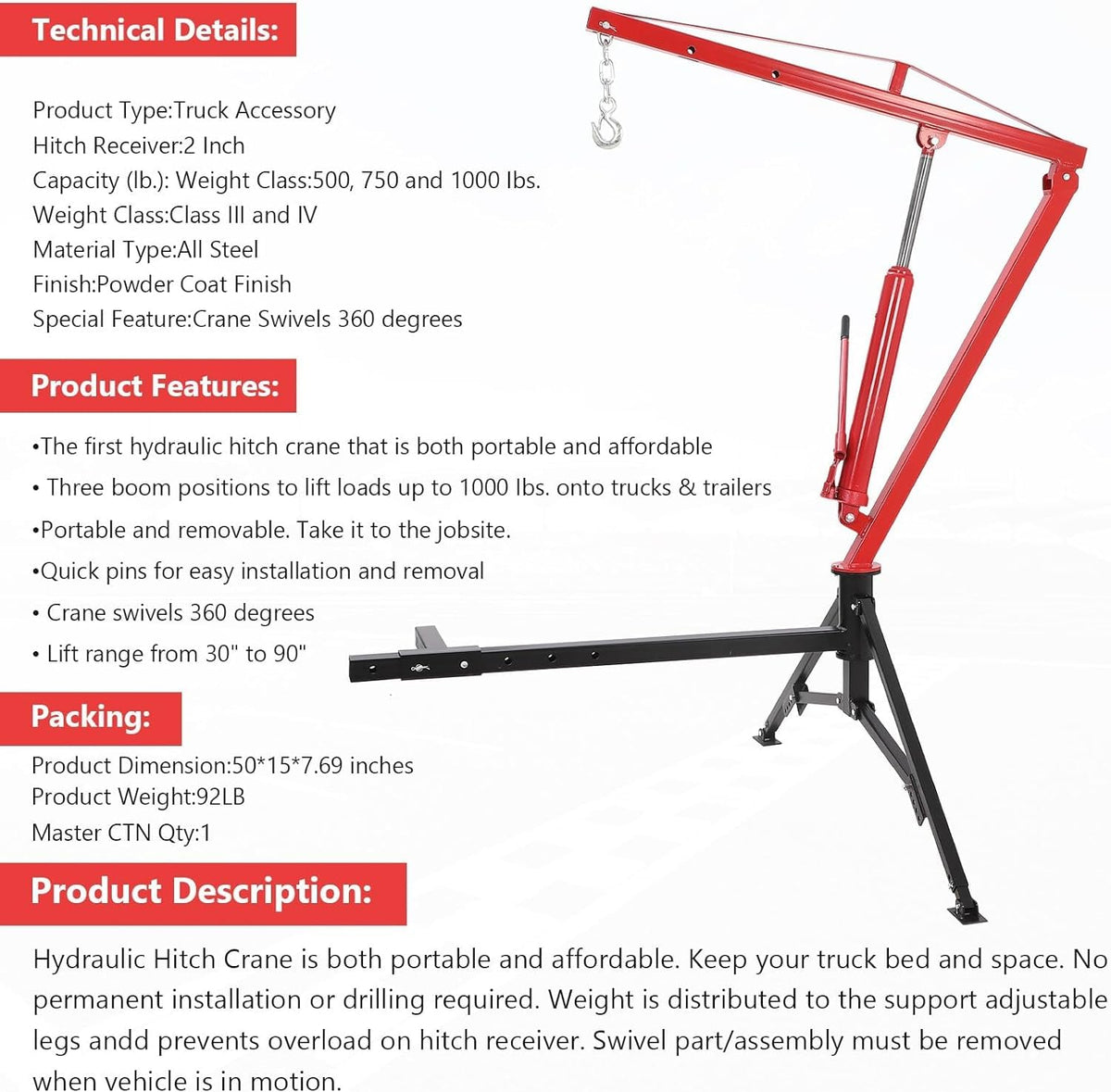 Hydraulic Pickup Truck Crane, 1000 Lbs Capacity, 360° Swivel, Red M485029
