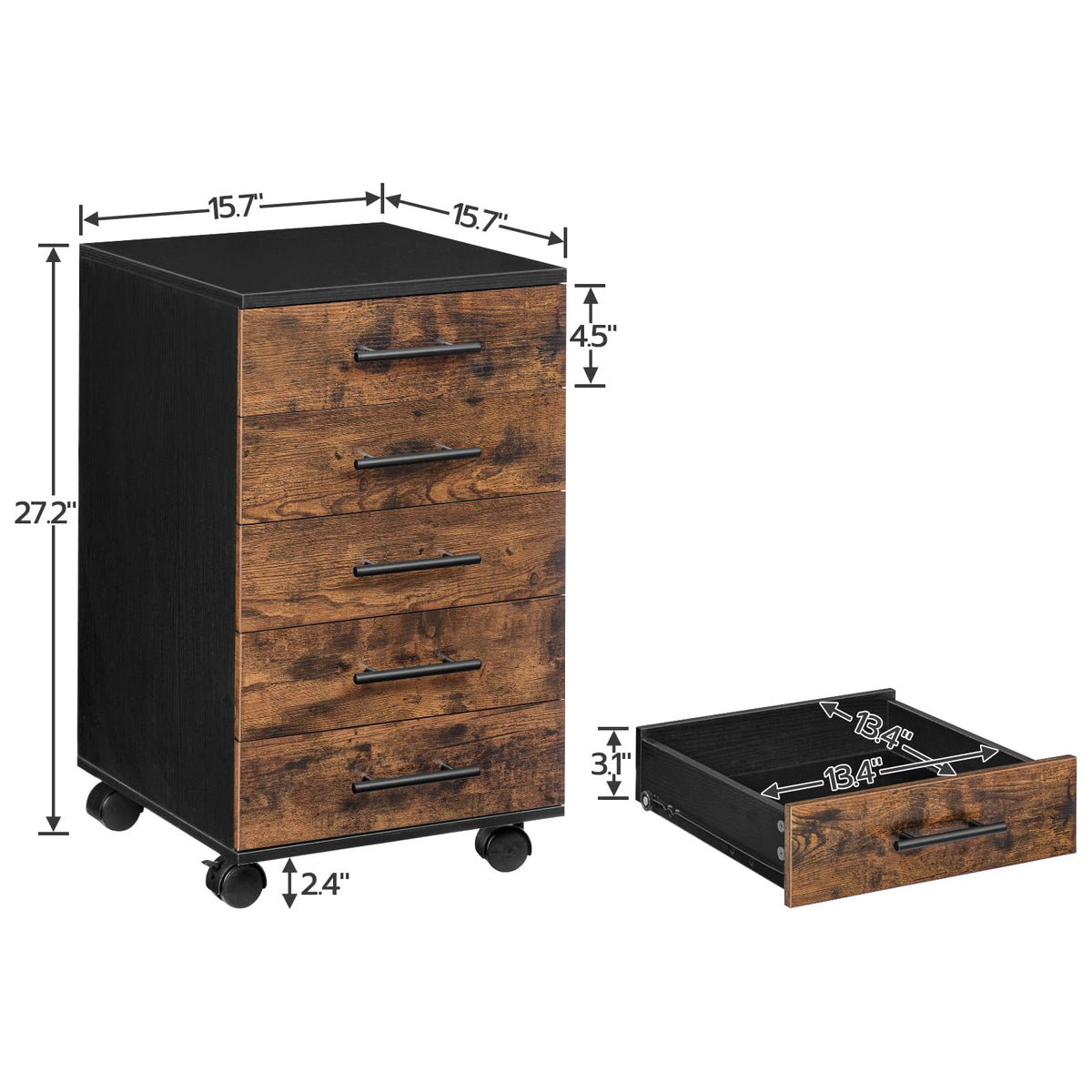 5 Drawer Wooden Mobile File Cabinet with Wheels T5910