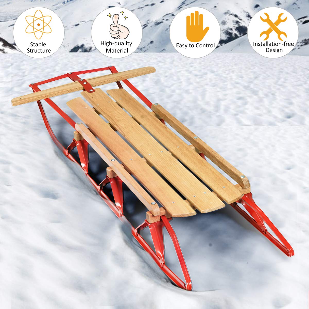 Wood Sled with Metal Runners and Steering Bar E23835