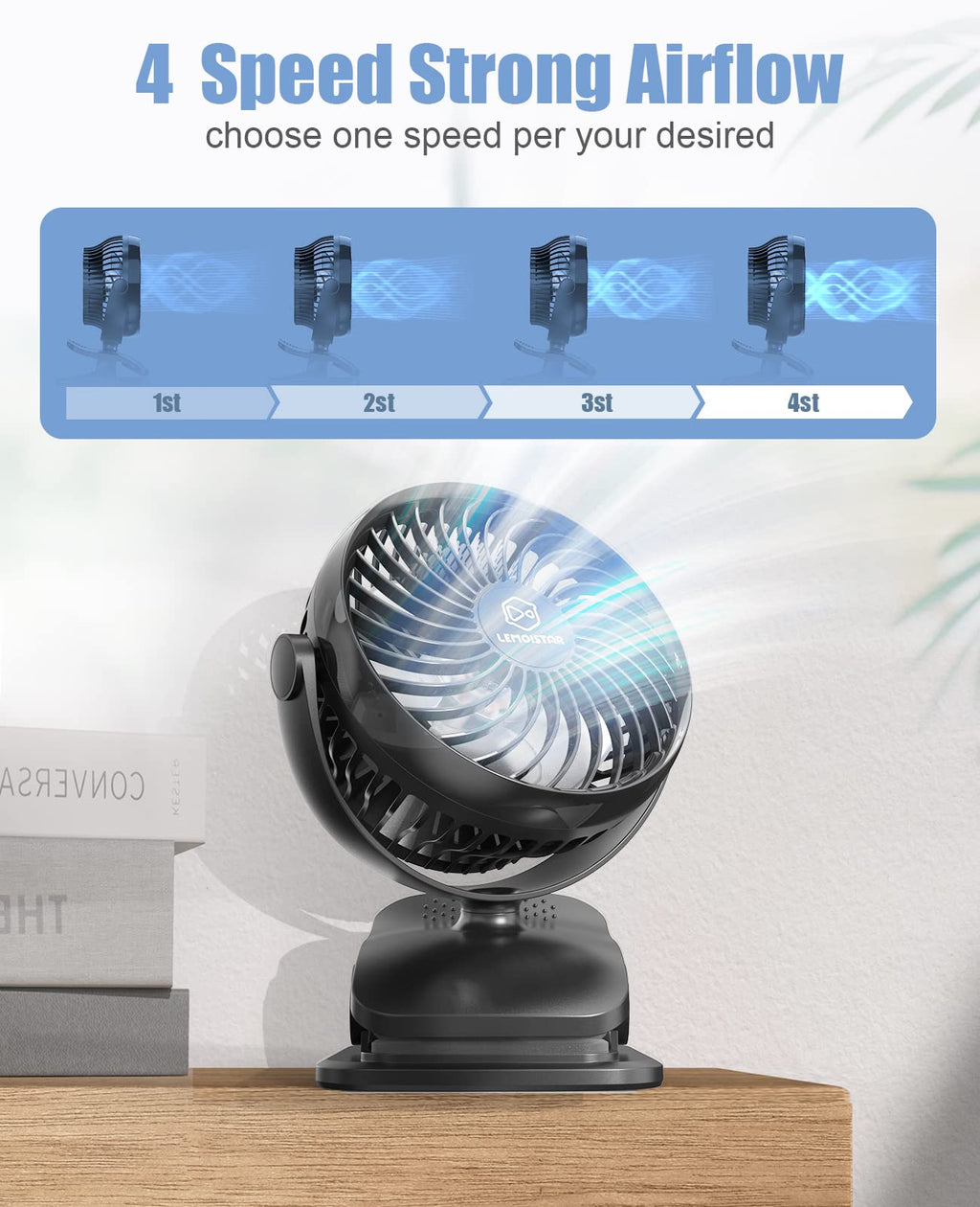 Battery Operated Clip on Fan, USB Powered Portable Desk Fan 4 Speeds V369066