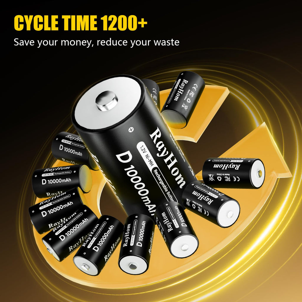 4 Pack 10000mAh Rechargeable D NiMH Batteries with 4 Slot Charger W553