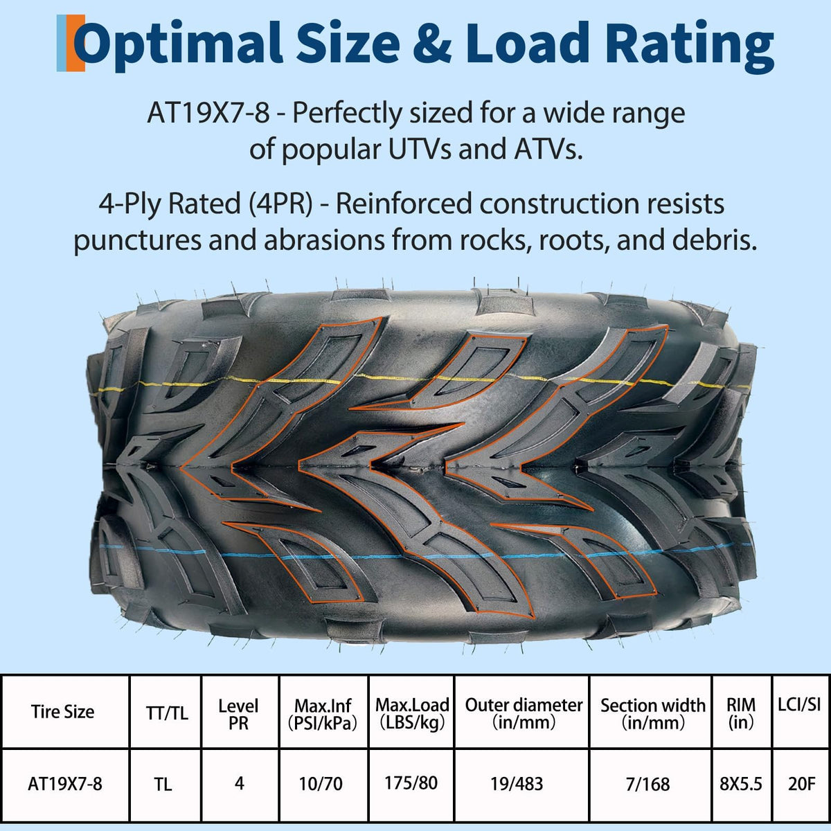 2 Pack 19x7-8 ATV Tires 4PR Tubeless All Terrain A338801