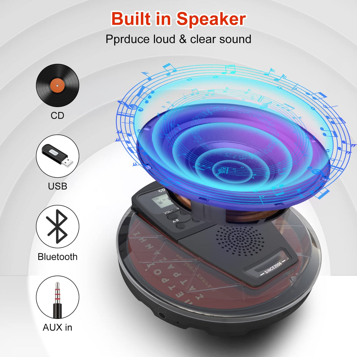 Rechargeable Portable CD Player with Bluetooth Q991
