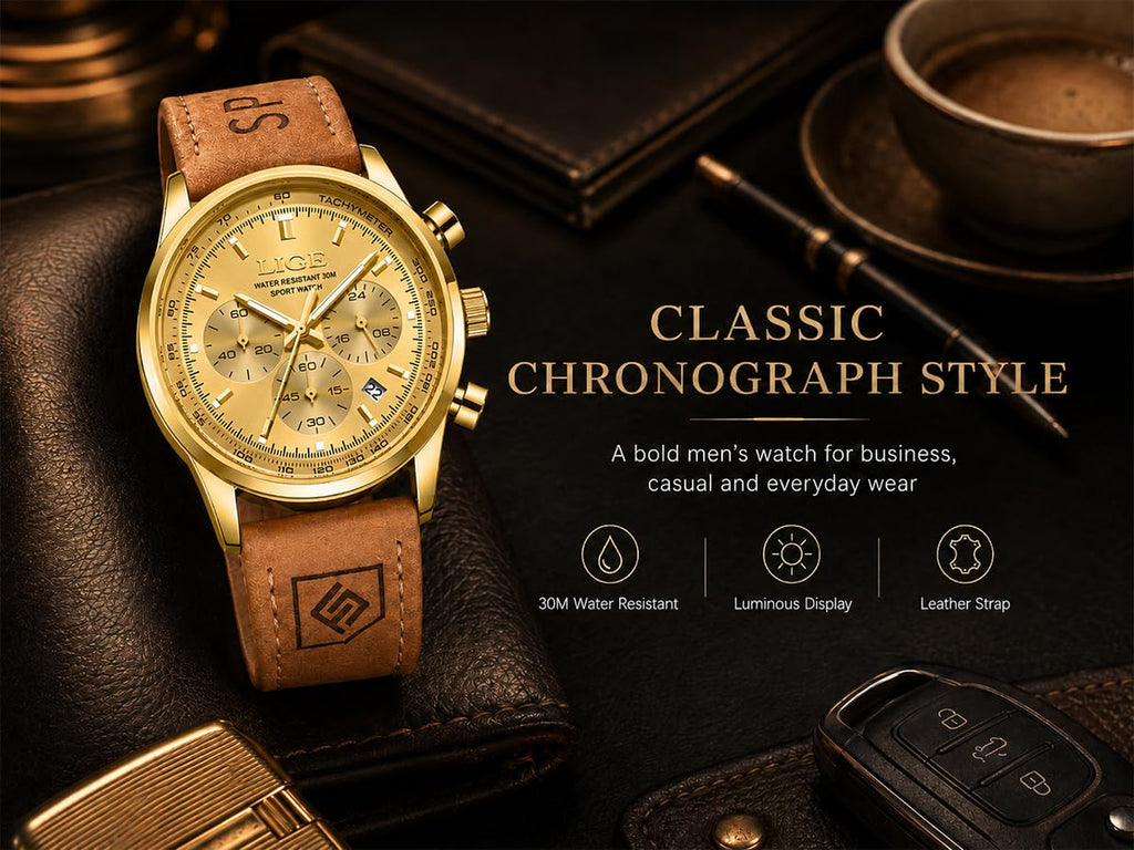 Gold-Tone Quartz Chronograph Watch Brown Leather Strap E9679