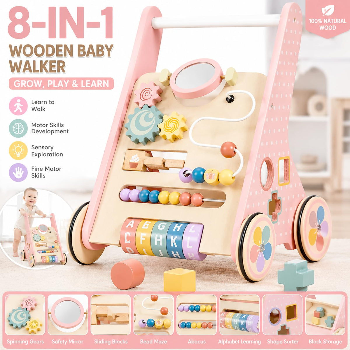 Pink Wooden Baby Walker X436461
