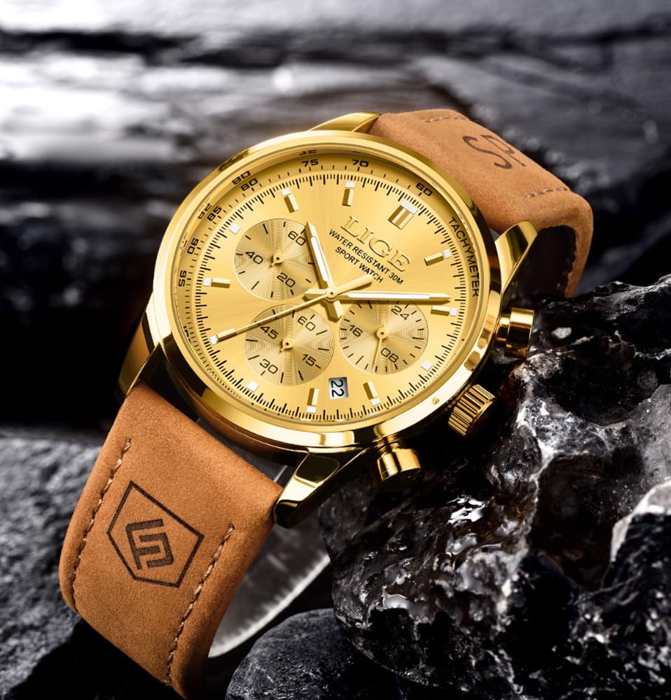 Gold-Tone Quartz Chronograph Watch Brown Leather Strap E9679