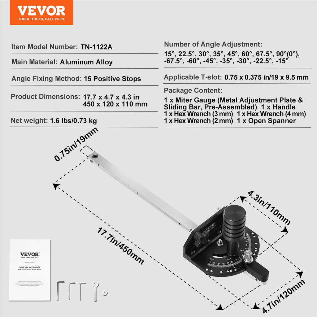 Precision Miter Gauge, 3/4'' x 3/8'', Aluminum Alloy Table Saw Miter Gauge with 15 Angle Stops J865