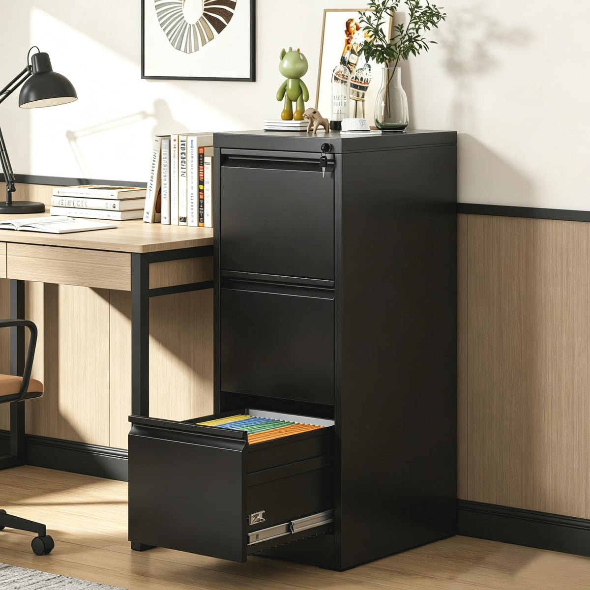 Black 3 Drawer Locking Metal Filing Cabinet W672538