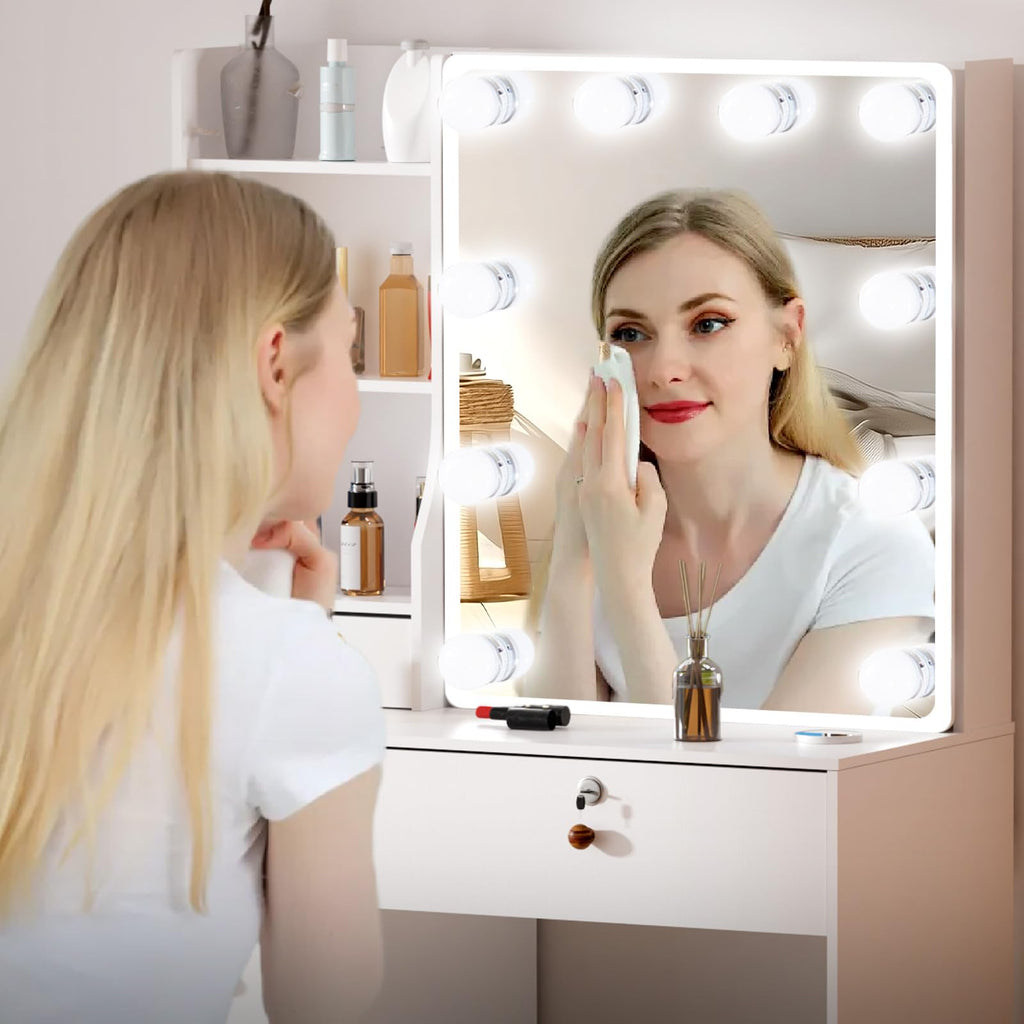 White Vanity Mirror with Lights Desk and Chair 5 Drawers Makeup Table O161108